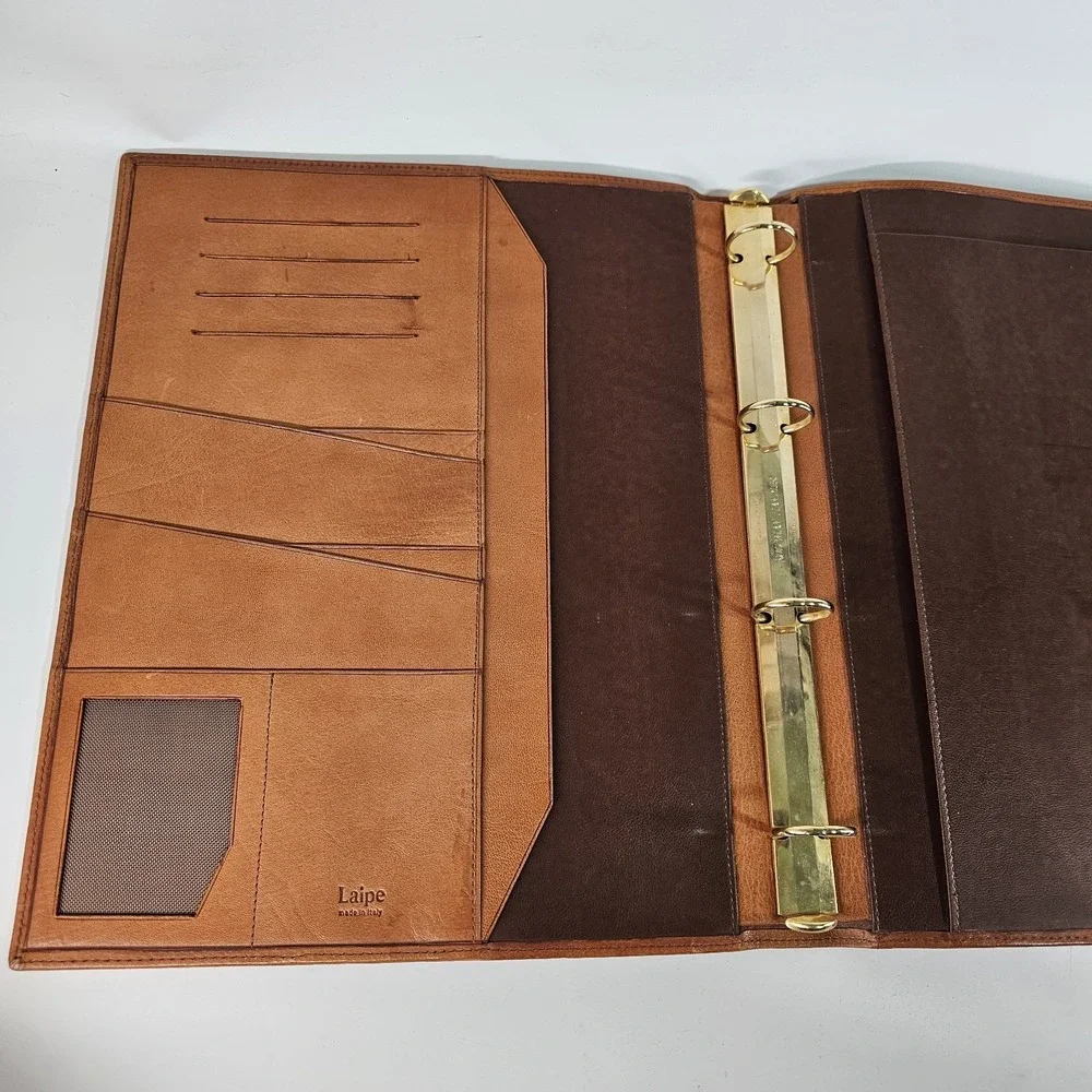 Laipe Leather Portfolio 4 Ring Binder Tan Lawyer Formal Document Note Pad Italy